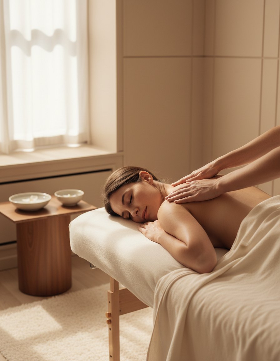 Relaxed massage editorial scene; not a documented Royal procedure