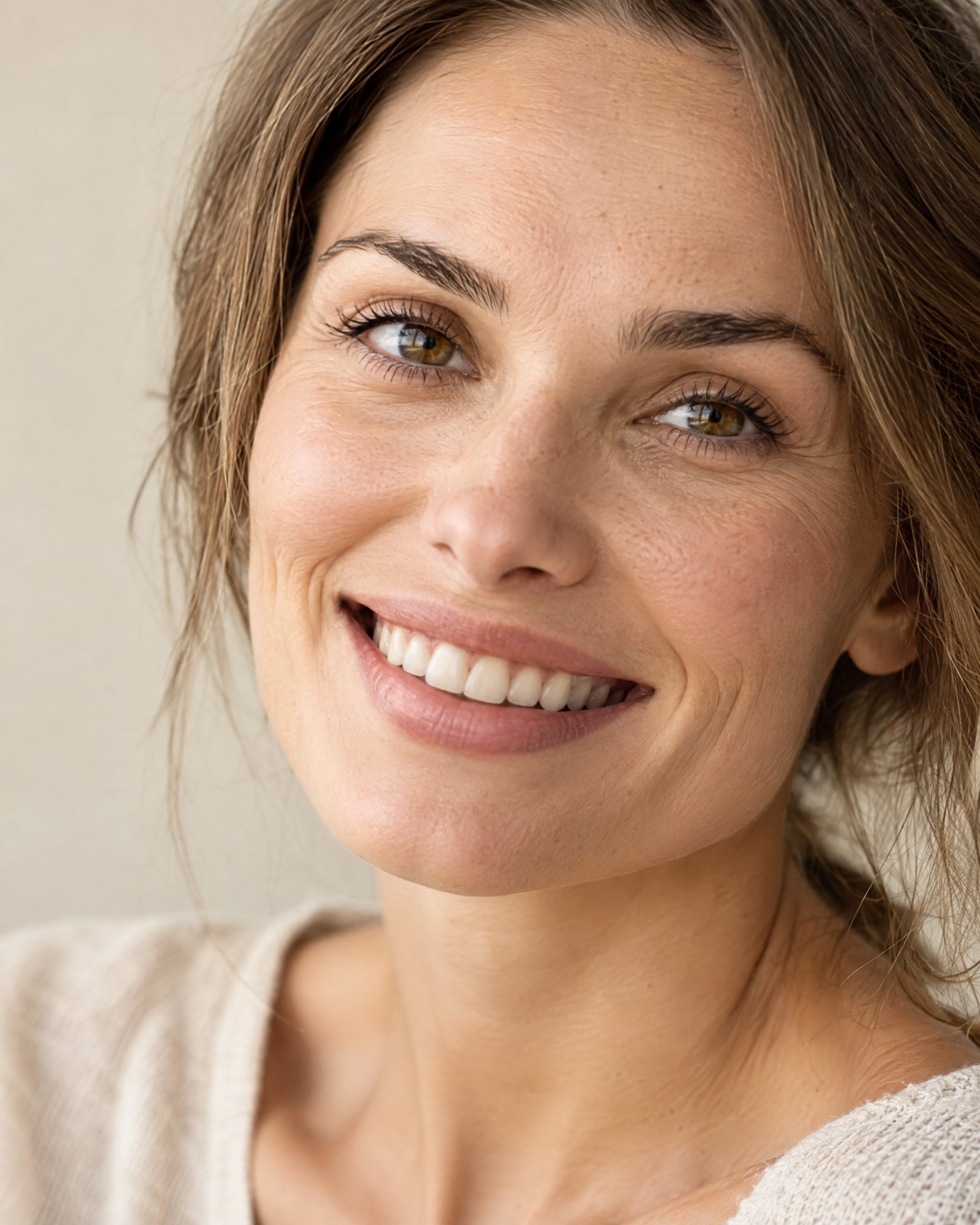 Natural smile editorial portrait; not a teeth-whitening result