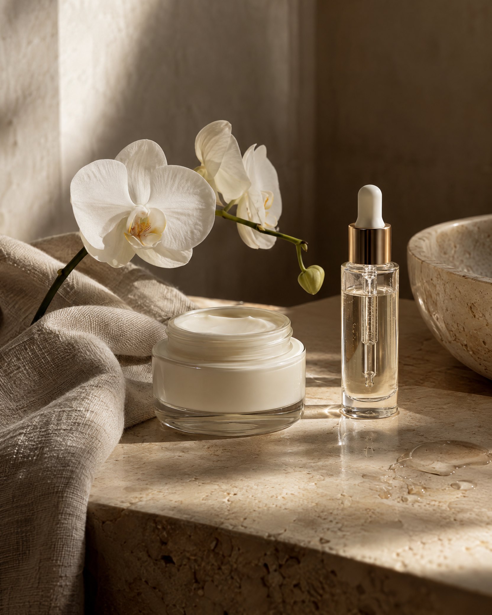 Kosmetik-Stillleben mit Orchidee und Pflegeflakon