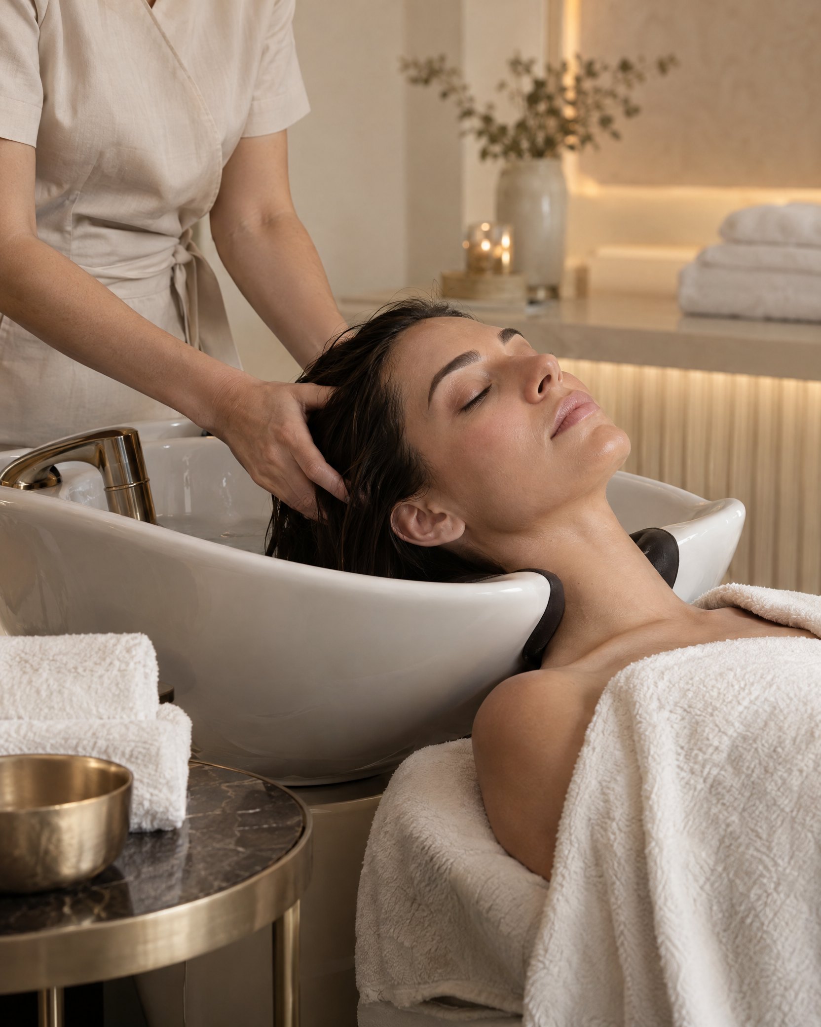 Illustrative Head-Spa-Szene in warmer, heller Atmosphäre